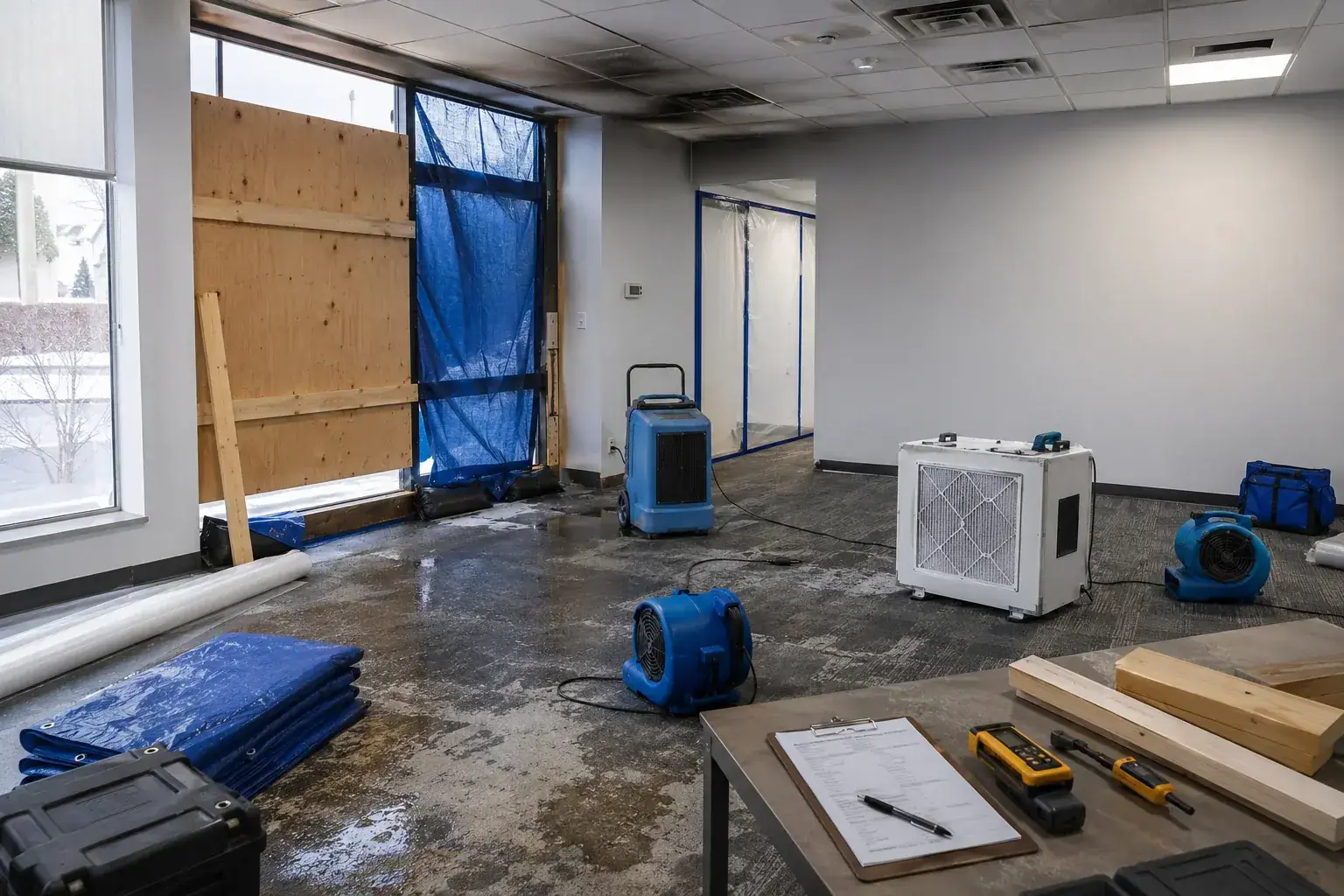 emergency board-up services jobsite equipment and emergency response setup