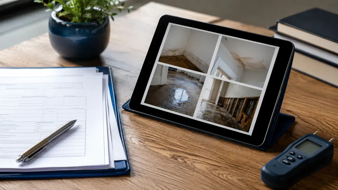 Insurance claim paperwork and damage documentation on a table